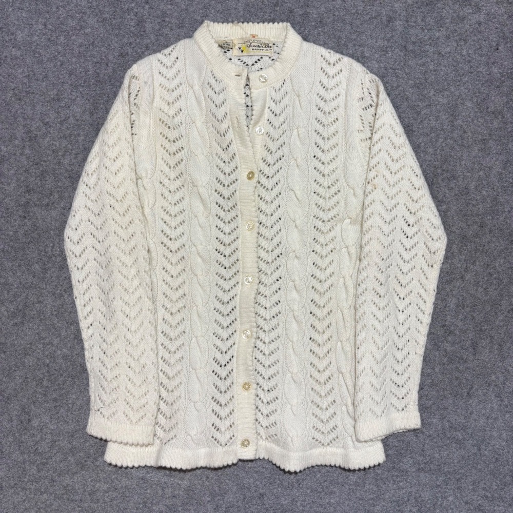 Vintage Sweater Bee by Banff Ltd Cream Pointelle Cable Knit Cardigan Size 36